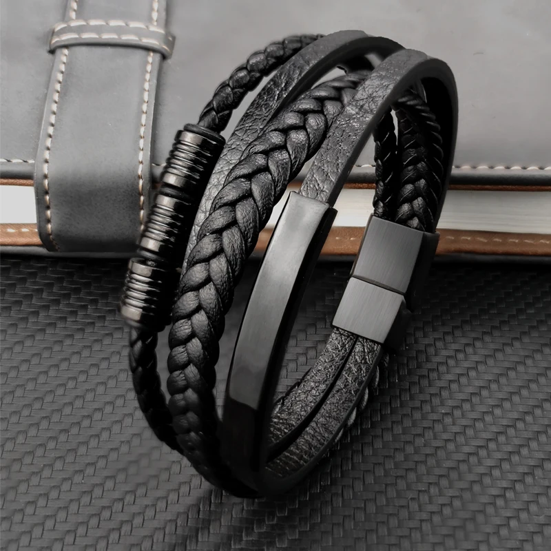 Multi-Layer Stainless Steel Genuine Leather Bracelet for Mens Magnetic Clasp Bangles Office Accessories Jewelry Leather Bracelet Leather Magnetic Bracelet Leather Bangle Stainless Steel Bangle