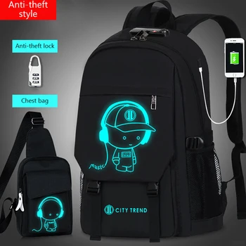 

New Anime Luminous School Backpack For Boy Student backpack purse for with USB Charging Port and Lock School Bag Black