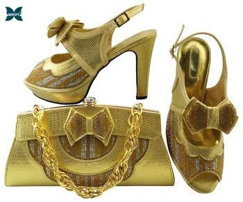 

2019 Latest Gold Color Italian design Ladies Shoes and Bags To Match Set Nigerian Shoes and Matching Bag African Wedding Shoes