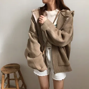

Women Autumn Winter Zipper Knitted Cardigans Sweater Hooded Casual Loose Plus Size Thick Coat Sueter Mujer Pull Femme Hiver