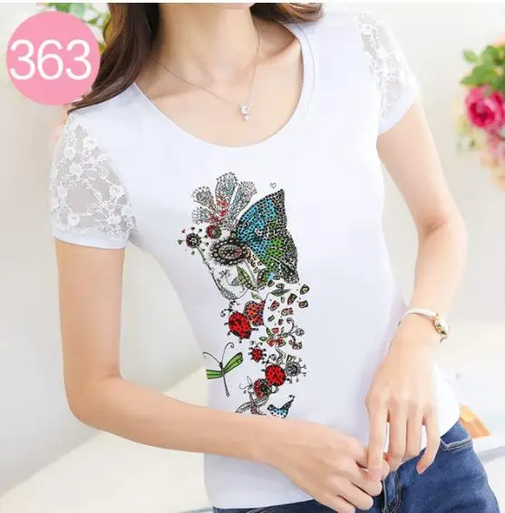 picture color Camisetas Mujer летние Стразы футболка Для женщин кружева короткий рукав леди, поставленные зоводами непосредственно Для женщин s футболка Женские ромбовидные Топы - Цвет: picture color