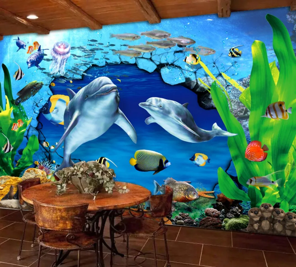 

Drop Shipping Custom 3d Wallpaper Living Room Mural Dolphins Underwater World Background Wall Painting Restaurant Bar Wallpaper