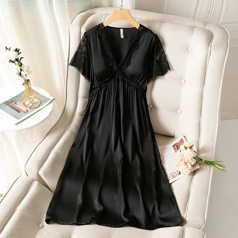 Lace V-neck Nightdress Women Satin Nightgown Sleep Dress Summer Sleepwear Short Sleeve Nightwear Home Dressing Gown Nighty Robe