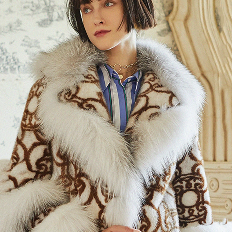 Ftangaiur Winter Import Velvet Mink Coat With Fox Fur Collar Print Soft Natural Fur Coat Women's Long Real Mink Fur Coats