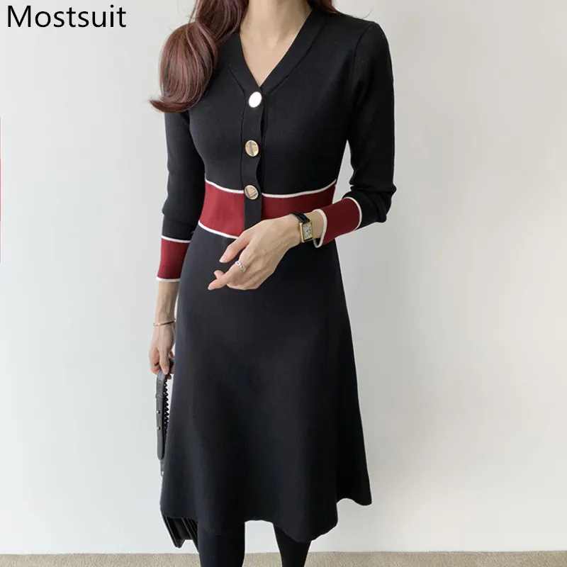 2020 весеннее трикотажное корейское платье с v образным вырезом и золотыми