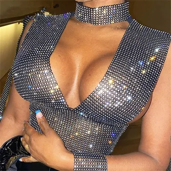 

OUSHANG Sparkle Rhinestone Diamante Slit Sleeve Crop Top Women Glitter Sexy Deep V Neck Crystal Studded T Shirt Rave Wear