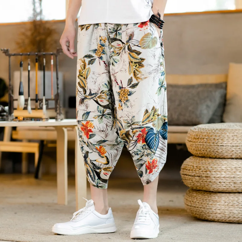 Лето 2019, новый стиль, китайский стиль, льняные повседневные штаны с принтом, мужские хлопковые льняные дышащие свободные и большие размеры