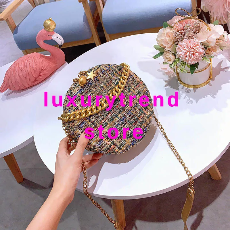 

2019 Luxury Size Circular Woolen Brand Designer Women Famous Chain Shoulder Bag Handbag Stars Crossbody Original Women Bags