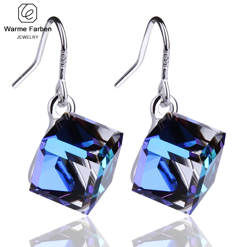 Женские серьги подвески с кристаллом Swarovski из серебра 925 пробы квадратным кубом