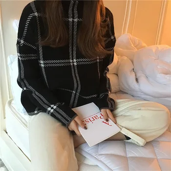 

Sweaters Womens Knitted Turtleneck Long Sleeve Plaid Pullovers Autumn Winter Elegant Femme Checked Sweater Women Knitwear Mujer