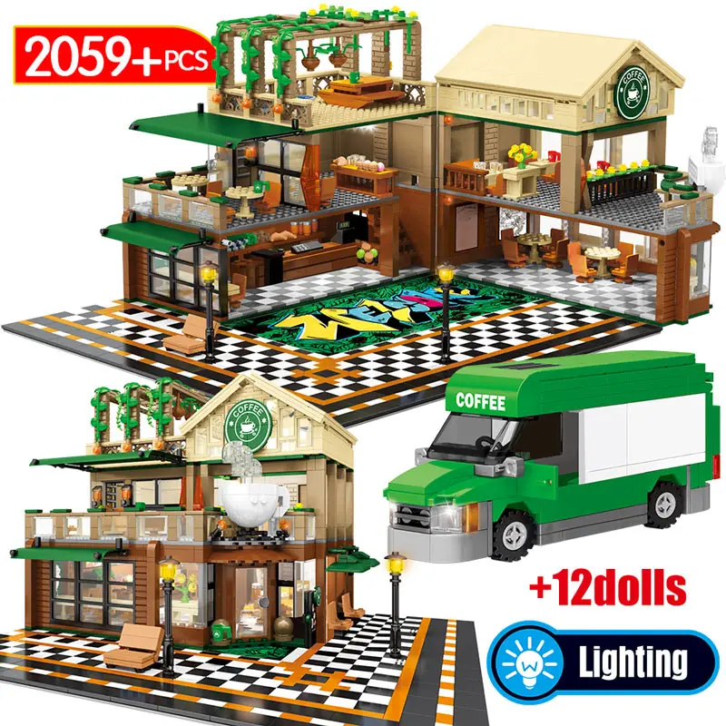 

2095Pcs City House with Light Model Bricks Legoingly Street View Building Blocks Casual Coffee Shop Classic Toys For Children