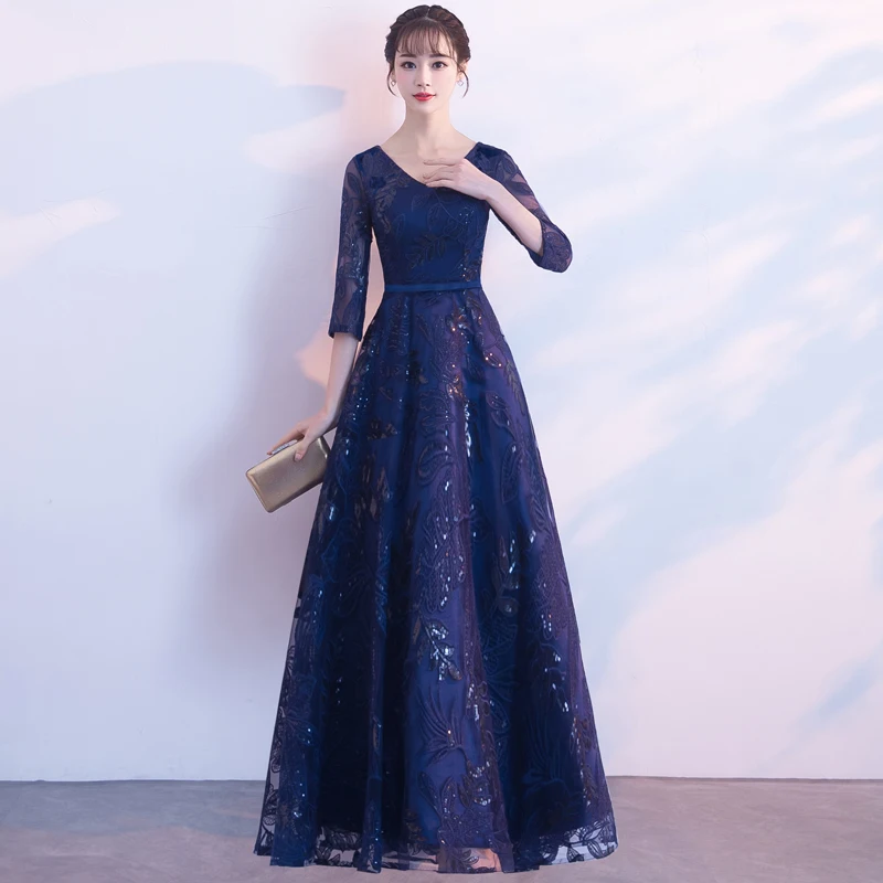 Синий блестящий Cheongsam благородное вечернее платье леди Qipao халат De Soiree Изысканная сетка Полная длина Vestidos De Festa