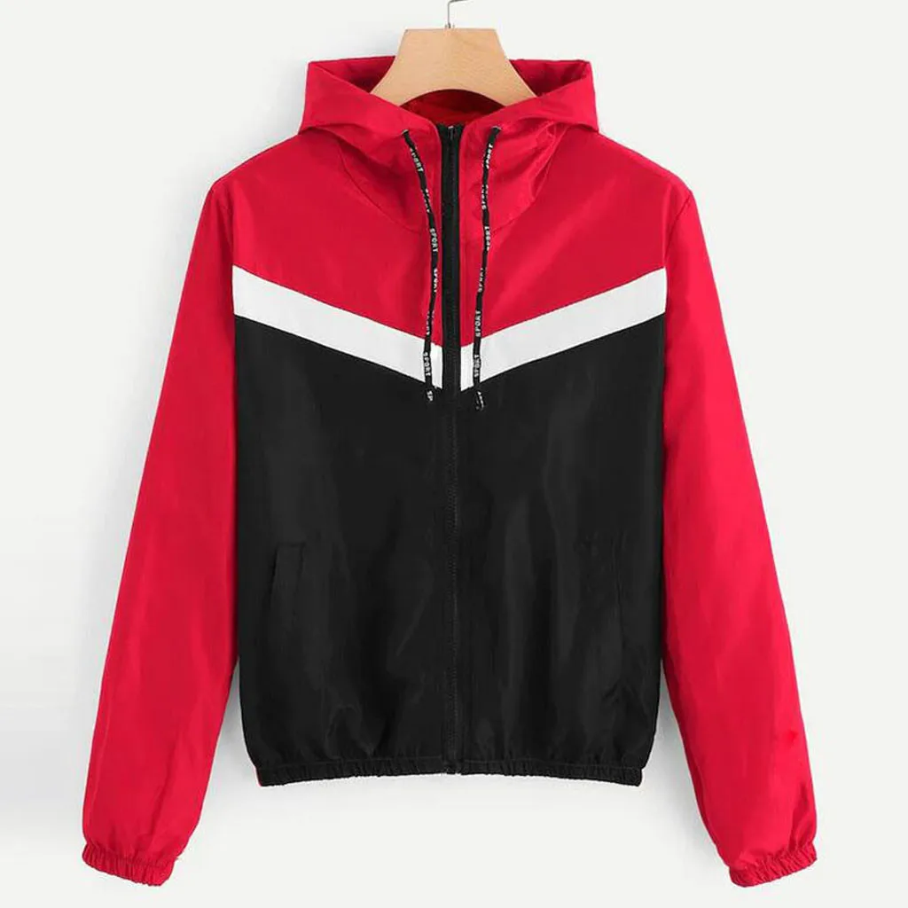 

Women Jacket Coat Color Block Patchwork Drawstring Hooded Pockets Long Sleeve Windbreaker Thin Loose Oversize Outerwear