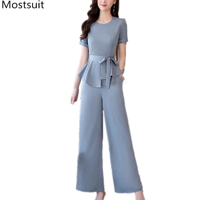2020 Summer Office Fashion Two Piece Sets Women Short Sleeve Belted Tops + Wide Leg Pants Solid Female 2 Piece Sets Outfits 2020 Summer Office Fashion Two Piece Sets Women Short Sleeve Belted Tops + Wide Leg Pants Solid Female 2 Piece Sets Outfits