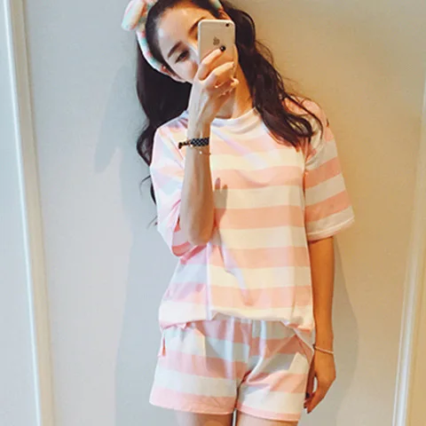Pajamas Women's Summer Set Short Sleeve Two-Piece Set Korean-style Fresh Students Thin Cartoon Tracksuit