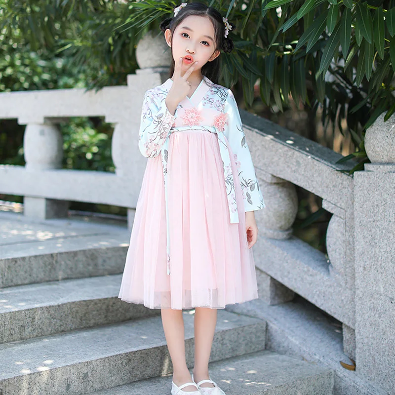 Hanfu/платье принцессы для девочек; коллекция года; сезон осень-зима; Новинка; китайский стиль; Ретро; детская одежда для детей 2, 8, 10 лет; праздничное платье принцессы для маленьких девочек
