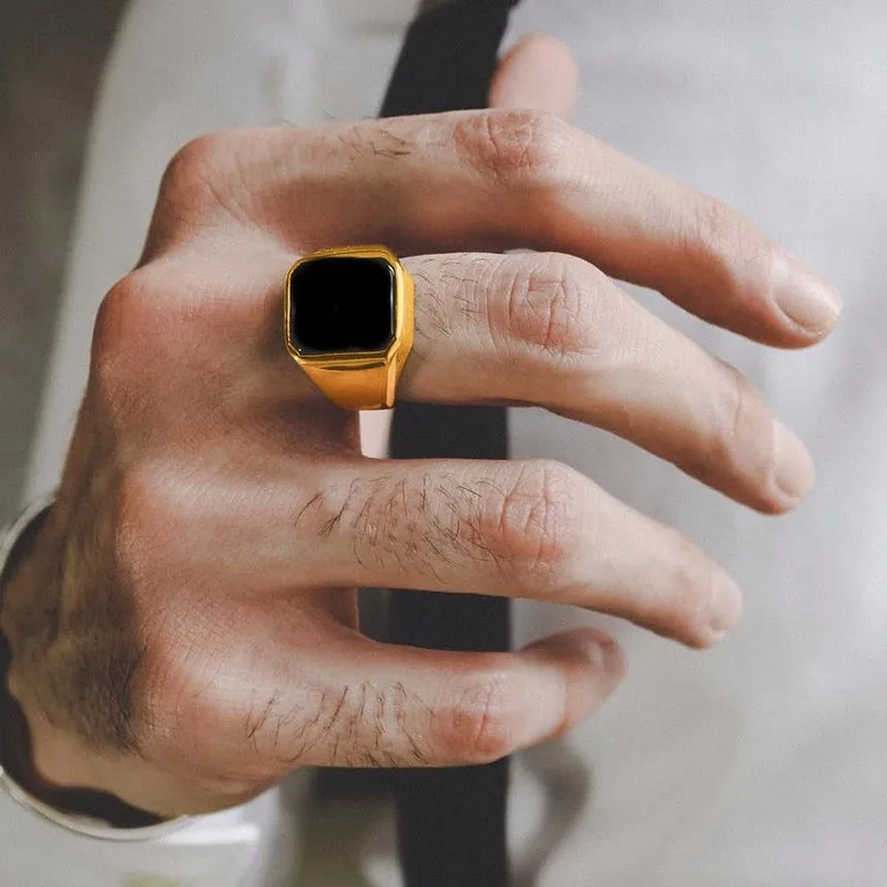 Man Ring, Black Carnelian Signet Ring, Stainless Steel Square Pinky Rings, Gents Wealth And Rich Status Jewelry - Image 5