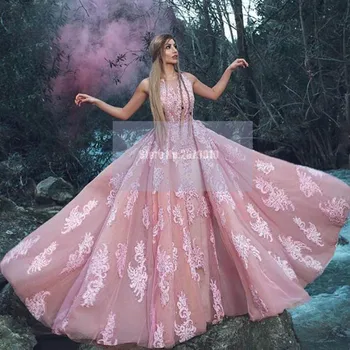 

Abendkleider Pink Applique A-Line Evening Dresses With Detachable Train Enchanting Middle East Long Prom Gowns Formal Dresses