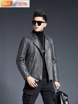 

Genuine Men Cowhide Short 100% Real Cow Leather Coat Spring Autumn Vintage Motorcycle Jacket 2020 KD2229