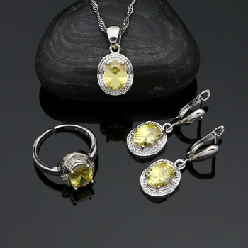 

Yellow Oval Cubic Zirconia Classic 925 Sterling Silver Jewelry Set for Woman Prom Accessories Ring Chain Pendant Earring Set