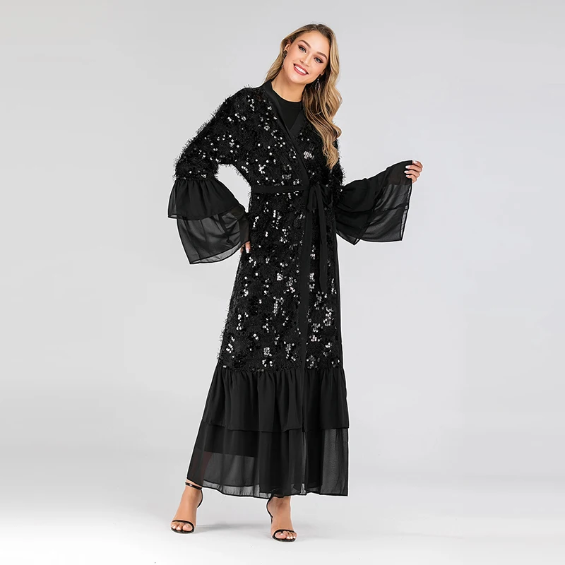 Sequin открыть абайя кимоно Дубай мусульманское платье Абая для женщин хиджаб платье ислам марокканский кафтан турецкая исламская одежда кафтан