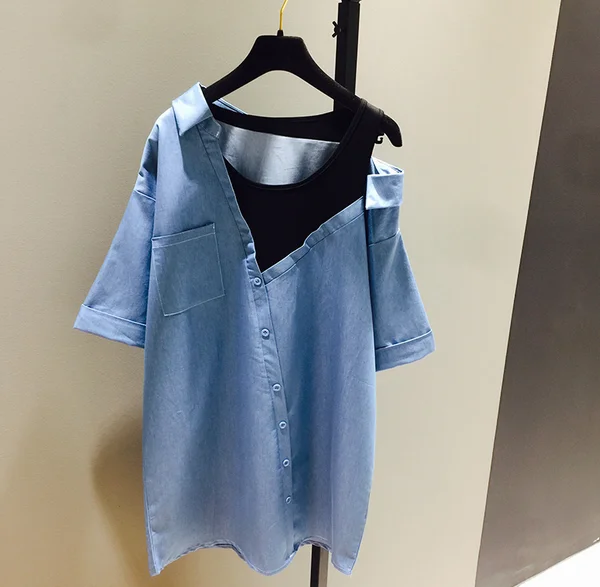 Прямые продажи женские топы Blusas новая рубашка женские вязанные Лоскутные рабочие карманы длинные джинсовые блузки женские тонкие джинсы