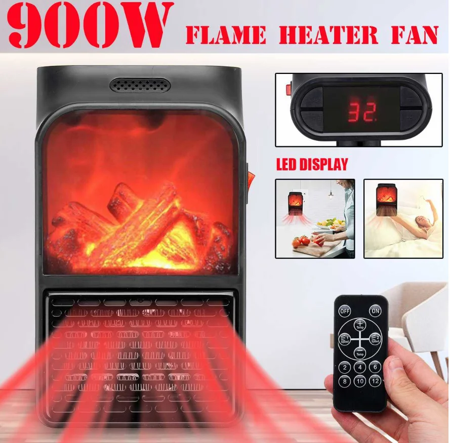 

900W Mini Electric Wall-outlet Flame Heater EU Plug-in Air Warmer PTC Ceramic Heating Stove Radiator Household Wall Handy Fan