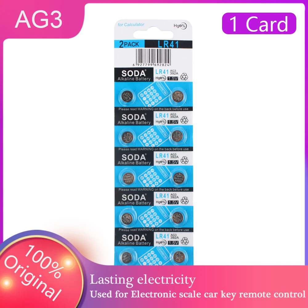 10 unids/lote AG3 192 LR41 1,5 V baterías de botón de la célula 392A L736 LR41 392 384 SR41SW CX41 reloj con calculadora de la computadora 1,55 V pila de moneda
