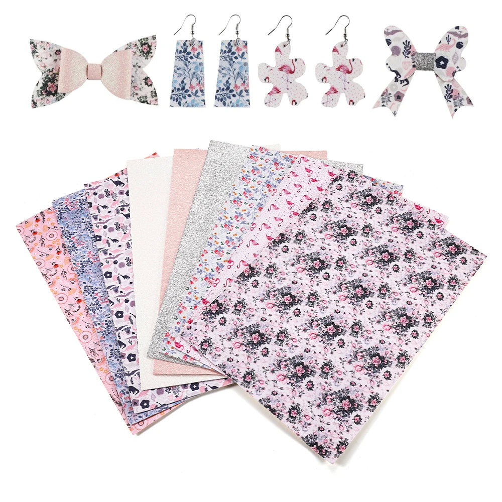 

9 Styles/set Flamingo Dinosaur Flower Printed Synthetic Leather Set Leather Sheets For DIY Jewelry Making Bow Earrings Pendants