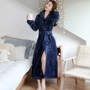 

Lady Sexy Thick Coral Fleece Robe Gown Soft Warm Flannel Nightwear Loose Nightgown Navy Blue Sleepwear Casual Kimono Bathrobe