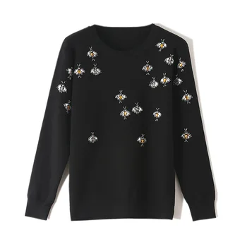 

2020 Luxury Brand Autumn Winter Black Sweaters Pullovers Knitted Women Christmas Runway Bee Diamond Jumper Ladies Clothes