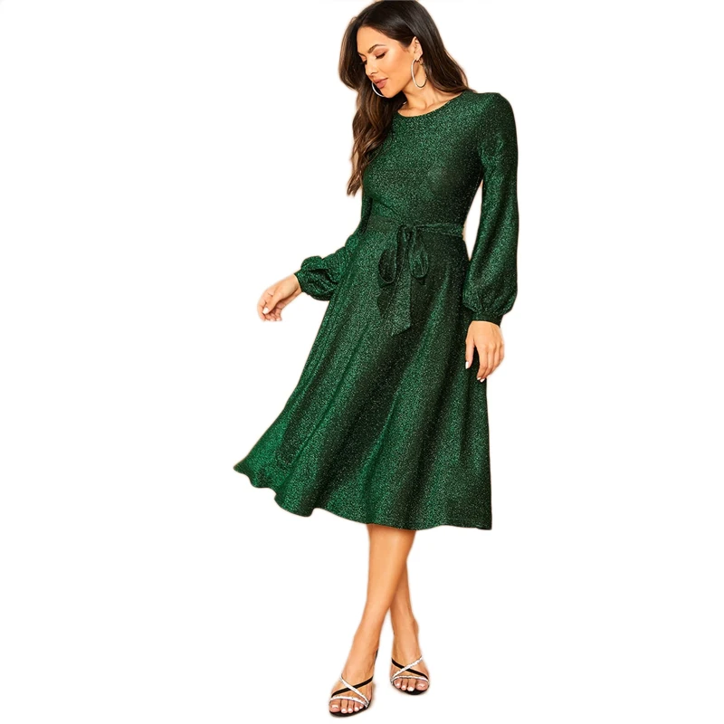 COLROVIE, зеленое, с поясом, рукав-шар, блестящее платье для женщин, высокая талия, однотонное платье миди,, с рукавом Бишоп, гламурные платья