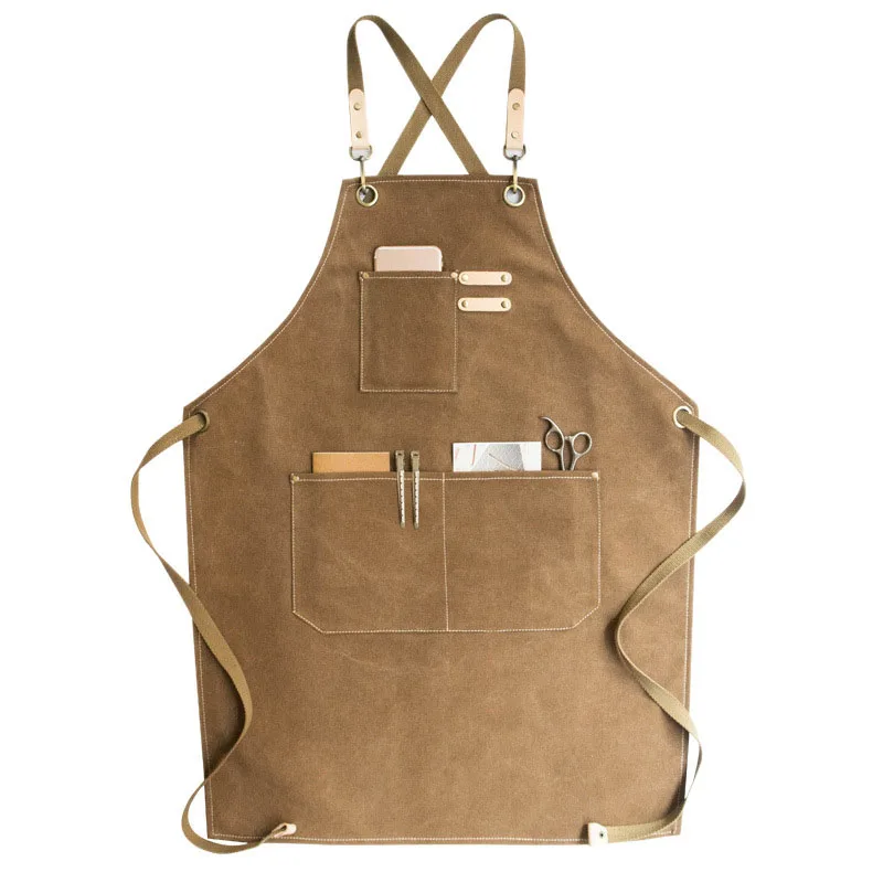 Canvas Cook Apron Barista Bartender Chef Hairdressing Apron Catering Uniform Work Wear Anti-Dirty Overalls(Brown