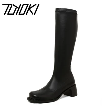 

Tuyoki Size 33-40 Real Leather Women Knee High Boots Round Toe Zipper Shoes Thick High Heel Winter Warm Women Party Footwear