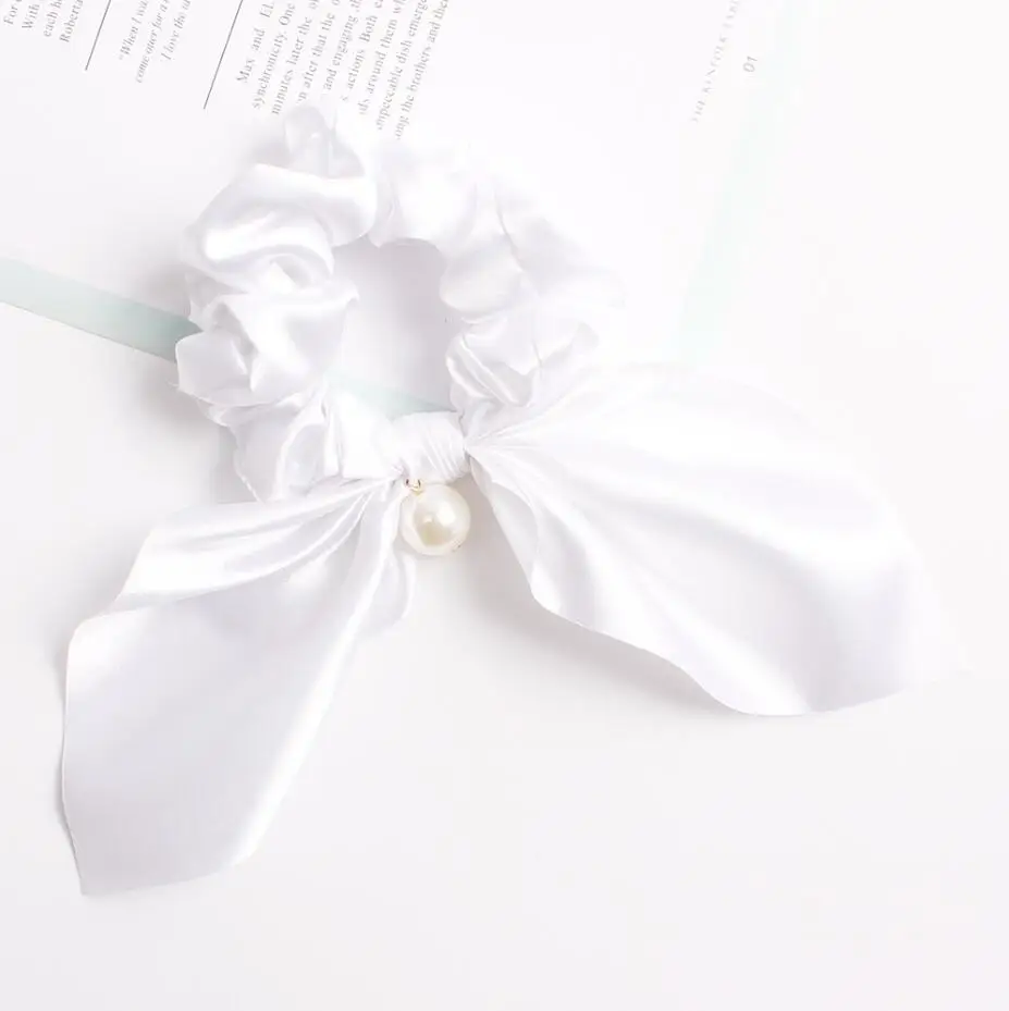 B-white Pure Color Elastic Hair Band Rabbit Ear Bow Pearl Hair Rope Satin Ponytail Scrunchie Hair Tie For Women Headband Hair Accessorie - Цвет: B-white
