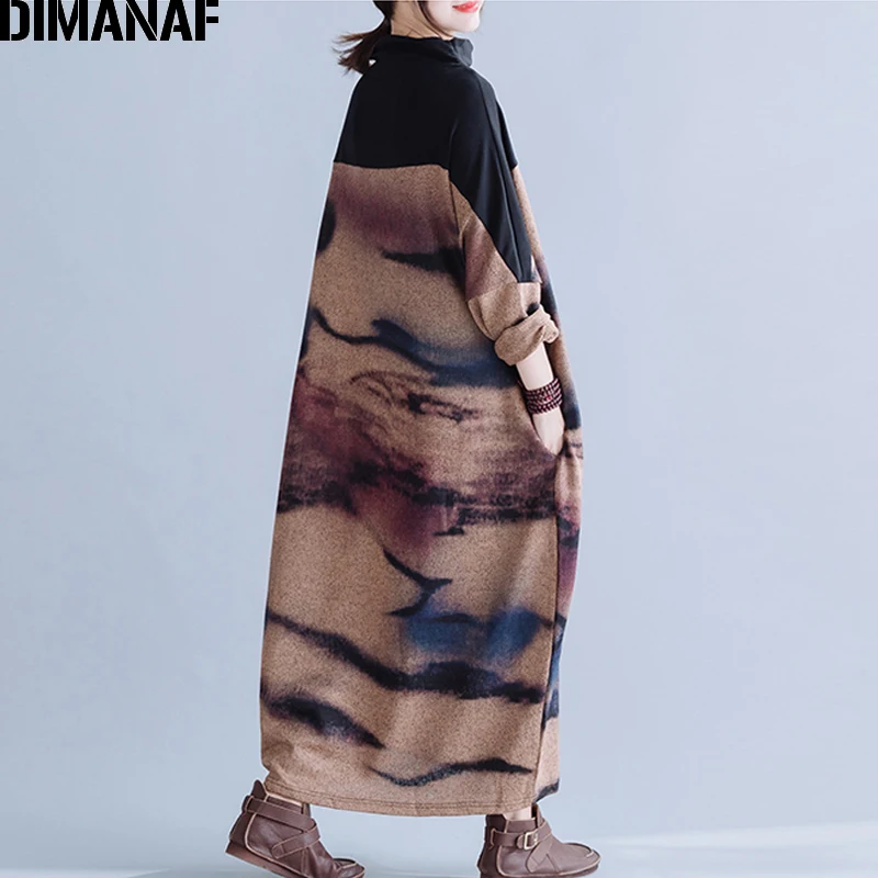 Skup DIMANAF sukienka damska plus size Knitting bawełna jesień Oversize chiński styl luźne kobiet Lady Vestidos drukuj Maxi długa sukienka nowy