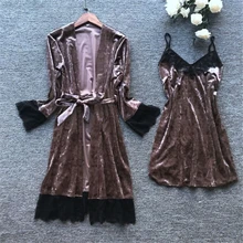 Пижама домашняя теплая Модная женская осенне-зимняя сексуальная пижама с подтяжками костюм из двух предметов Темперамент Золотой бархат халат