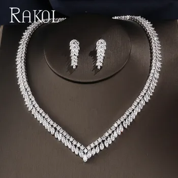 

RAKOL New Fashion High Cubic Zircon Leaf Earrings Necklace Jewelry Set with White Color for Women Wedding Party Dinner Dress