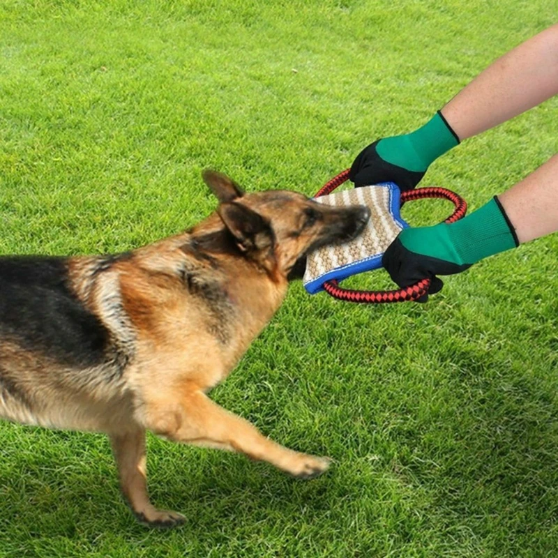 3 Handles Tough Jute Dog Bite Pillow Linen Dog Tug Toy Aggressive Chewers Biting Pad Interactive Pull Chew Toy for Medium Large