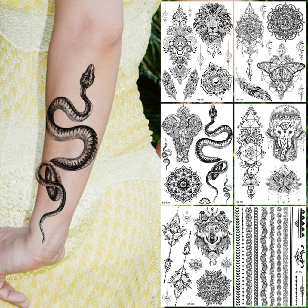 convertible Mono bibliotecario Tatuajes temporales de Henna para mujeres y adultos, tatuajes falsos de  serpiente, elefante, serpiente, pluma, realista|Tatuajes temporales| -  AliExpress