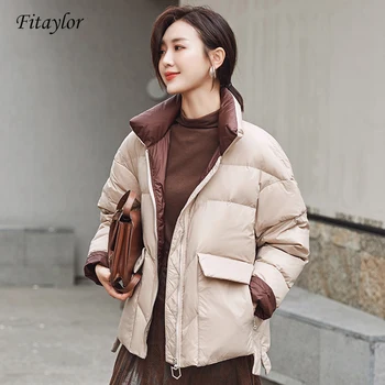 

Fitaylor New Women White Duck Down Jacket Winter Stand Collar Loose Down Coat Female Warm Short Snow Outwear