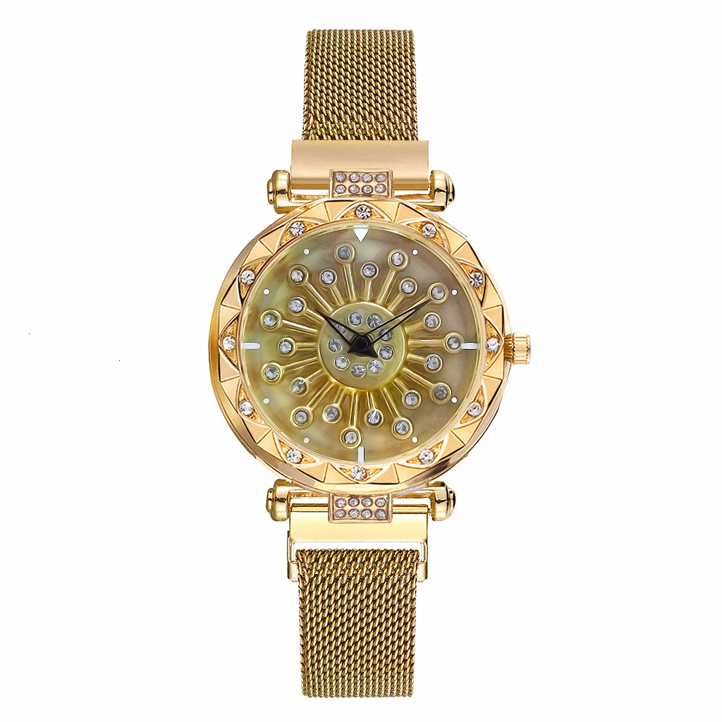 Women Magnet Buckle Rotating Diamond Dial Watch Luxury Ladies Stainless Steel Quartz Watch Clock Relogio Feminino - Цвет: gold