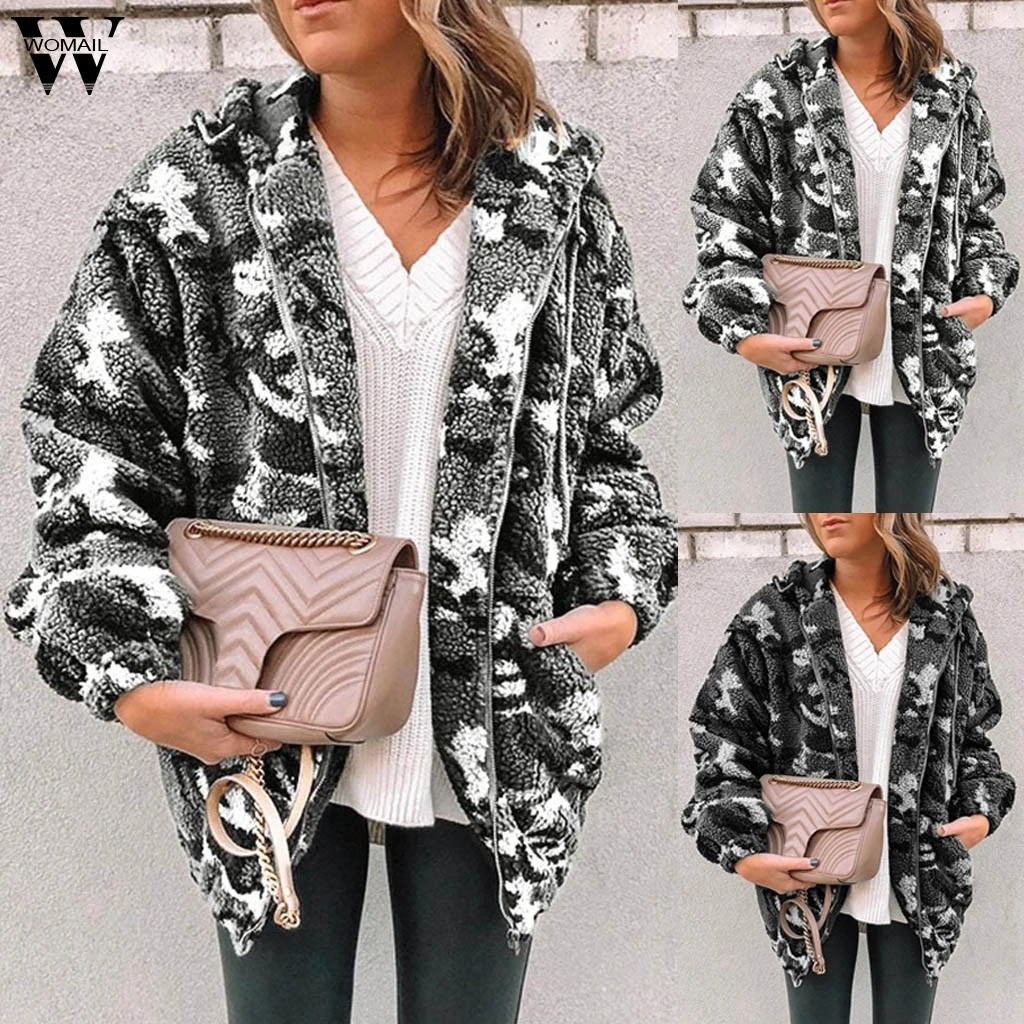 

Womail Sweater Women Warm Knitted Cardigan Zipper sweater Autumn Winter Fashion Fleece Camouflage print Pockets Sweater Coat814