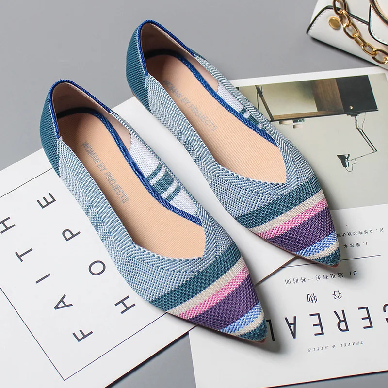 Женские лоферы без застежки с острым носком на мягкой подошве шерстяные вязаные