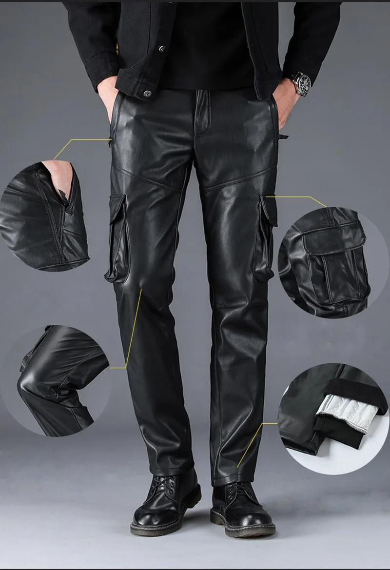 Men's Winter Warm Leather Pants With Multi Pockets Motorycle Pu Leather Trousers For Male Fleece Lined Size 29-40 Black (6)