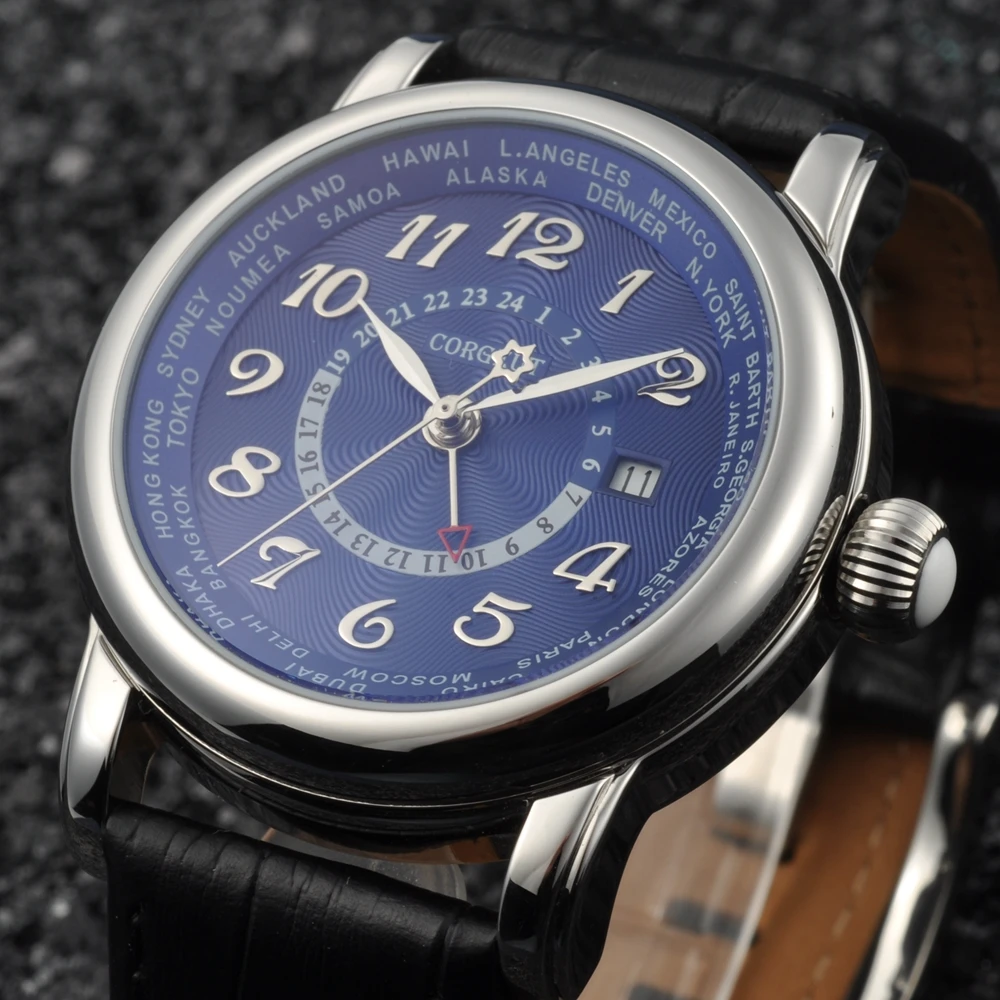 43mmCorgeut man Marchio di Lusso Orologio Meccanico Пелле di Moda Топ Doppio fuso orio GMT автоматические часы мужские желаемые часы