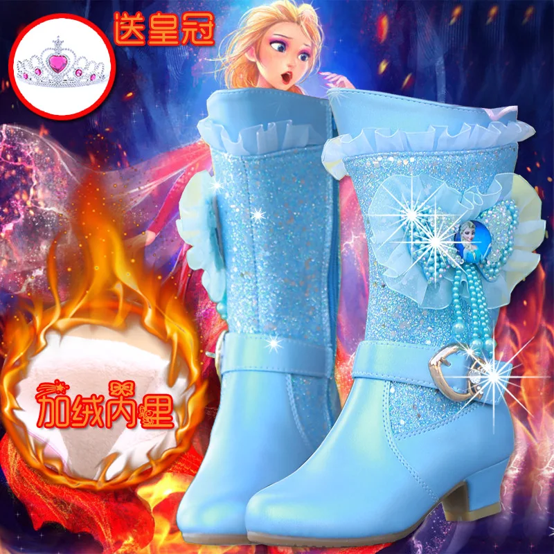 Disney/Детские хлопковые сапоги принцессы на высоком каблуке с замерзшими кристаллами; Плотные хлопковые сапоги; модные ботинки с блестками