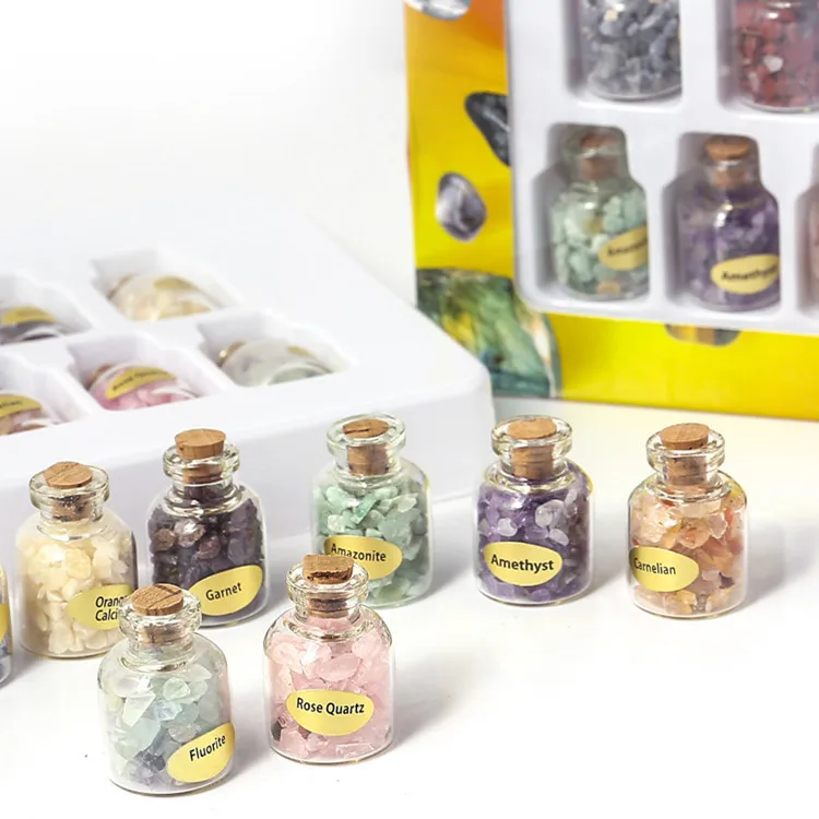 

9pcs/set Mini Natural Stones and Minerals Semi-precious Gemstone Collection Stone In Bottles for Children Gift Teach Decor Stone