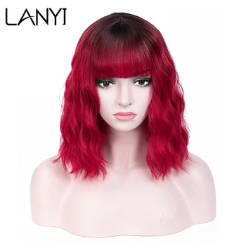 

Lanyi Short Wavy Water Wave Hair Wigs with Bangs Synthetic Hair Wig Heat Resistant Fiber Cosplay Daily False Hair wig non-lace