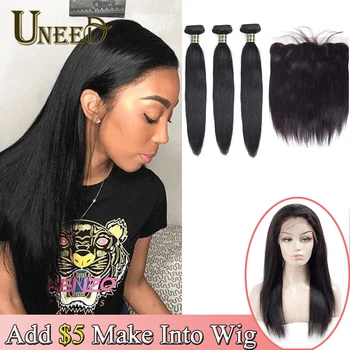 

Uneed Hair Peruvian Straight Human Hair Lace Front Wigs Made by 2/3 Bundles with Frontal 13*4 Lace 200%-250% Density Glueless